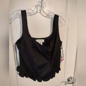 Black Satin Sleeveless Top with Ruffle Hem